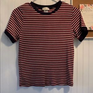 Red, white, blue thin striped short sleeve shirt